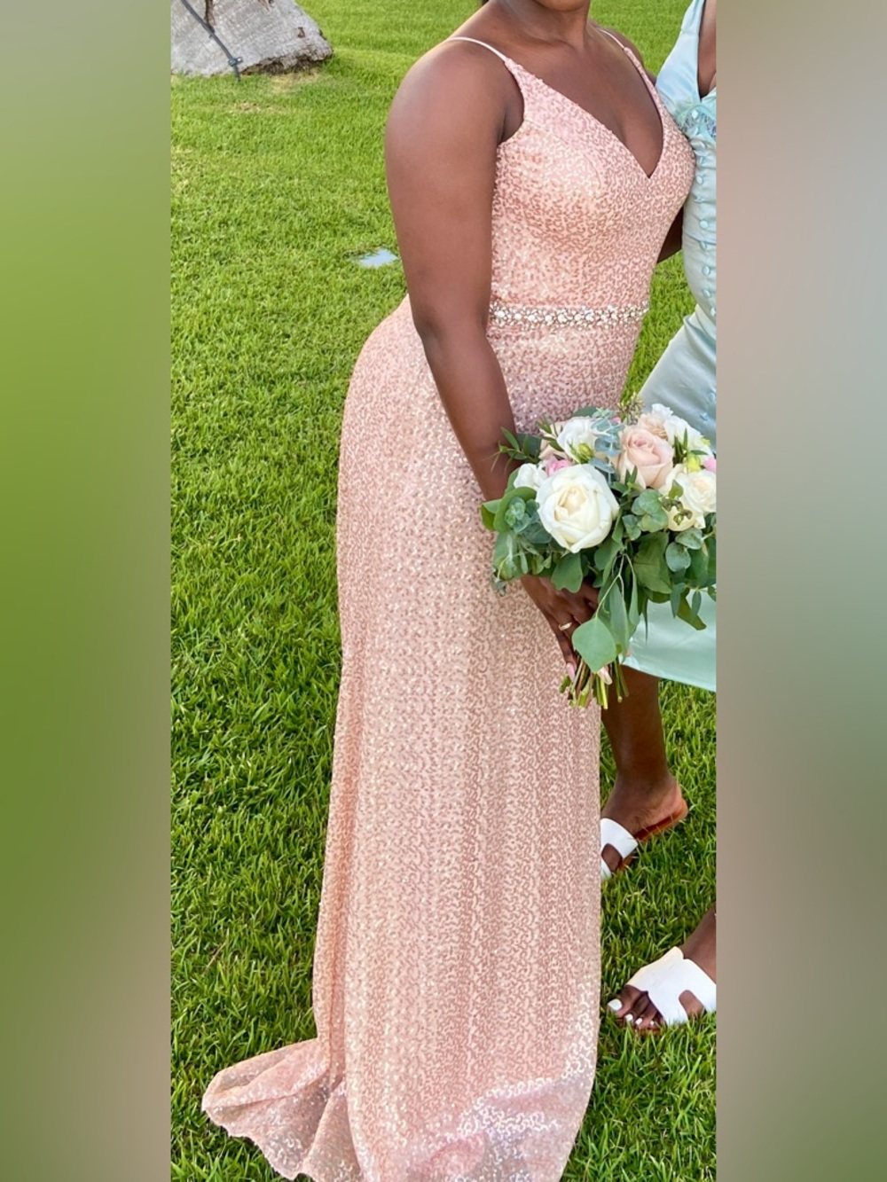 Mori Lee Rose Gold Sequin Maxi Dress